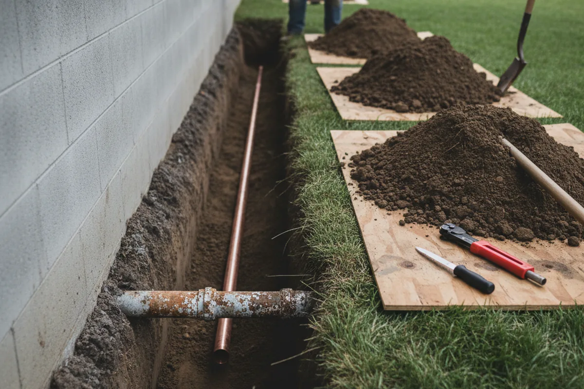 Excavated water line trench during Sewer Line Repair in Landisburg